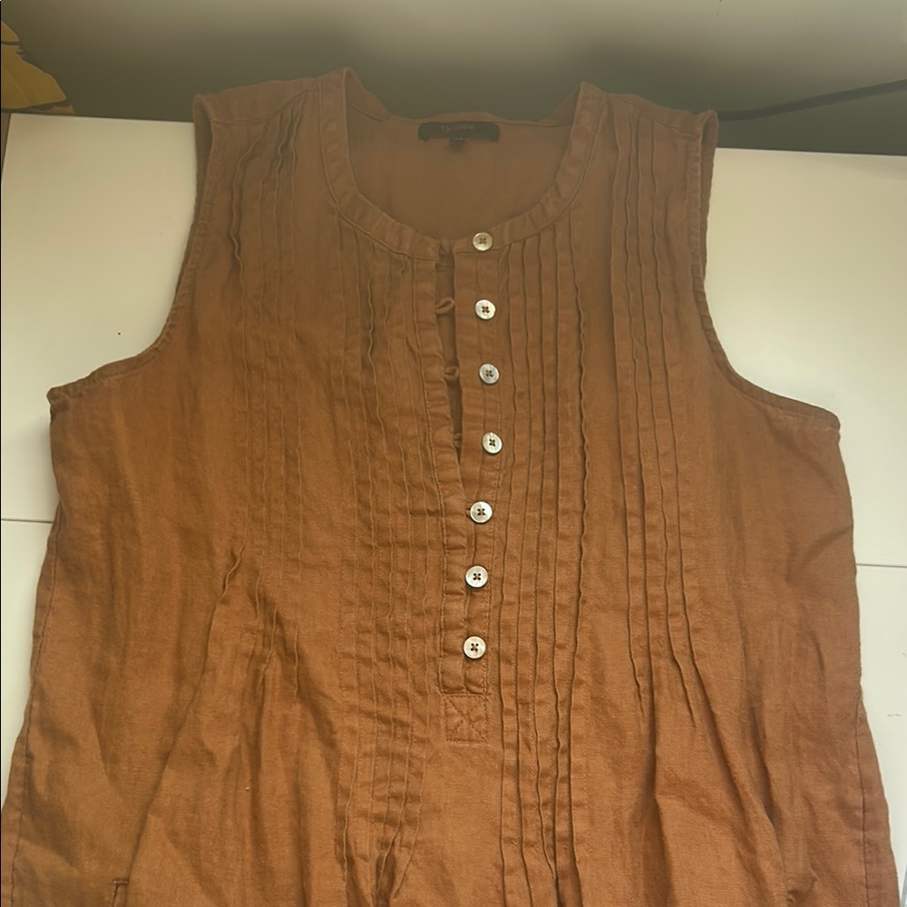 Quince Brown Pleated Mandarin Sleeveless Dress